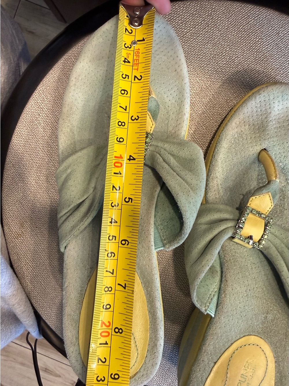 Donald J. Pliner Misty Green & Yellow Thong Wedge Sandals with Decorative Buckle - Picture 9 of 14